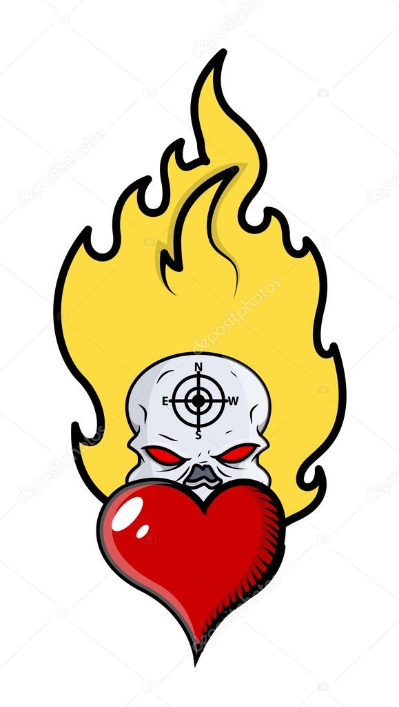 Tatuagem assustadora do crânio do horror com chamas e coração Ilustração  dos desenhos animados vetoriais imagem vetorial de baavli© 29800747